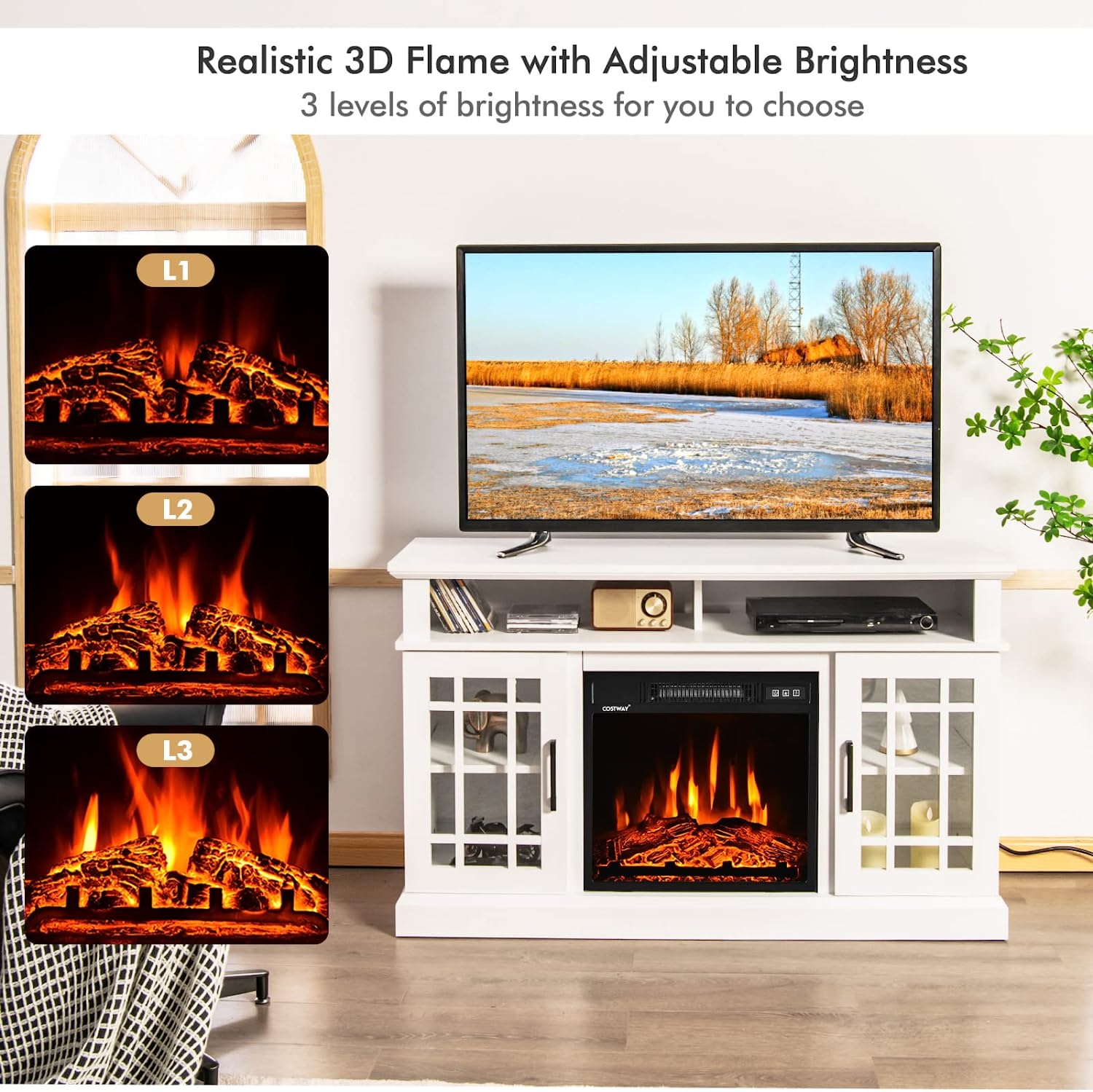 48 Inch Wooden TV Stand Console Table with 1400W Electric Fireplace and Open Storage