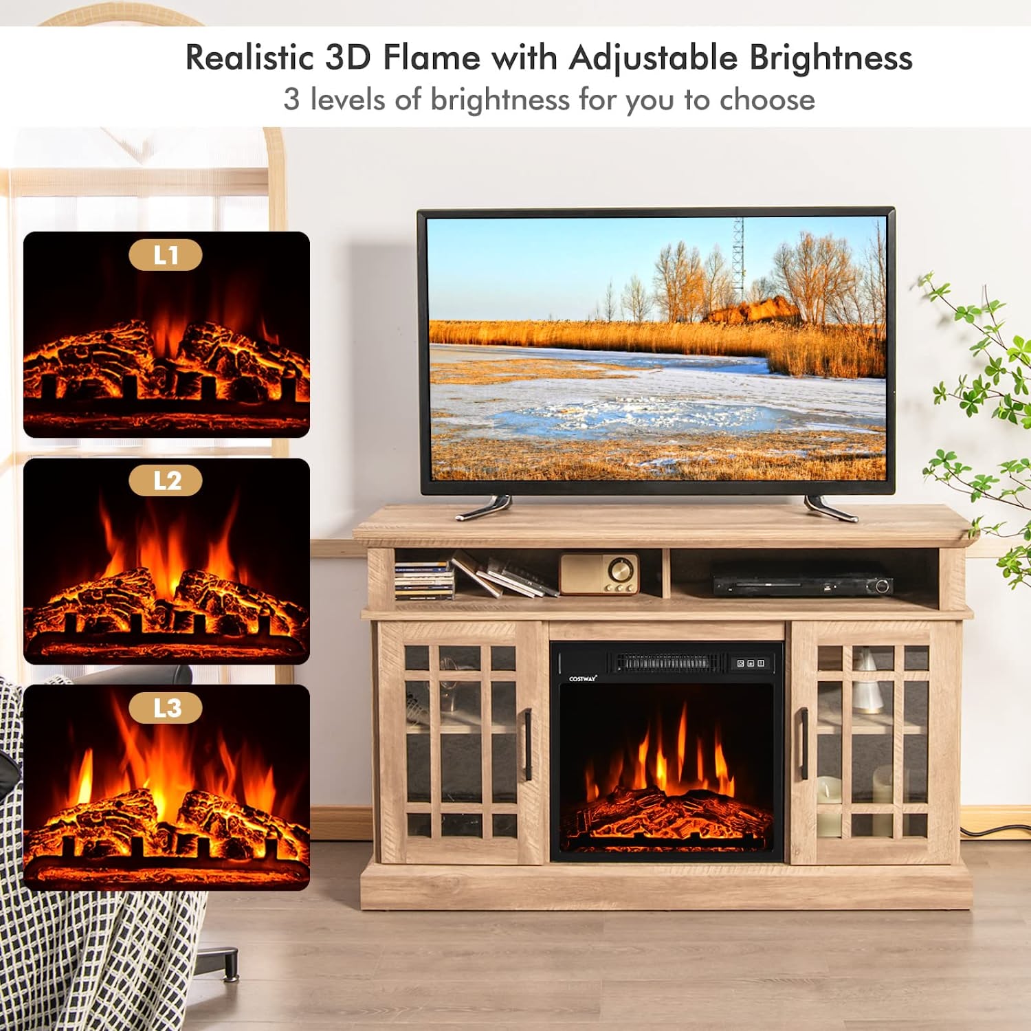 48 Inch Wooden TV Stand Console Table with 1400W Electric Fireplace and Open Storage