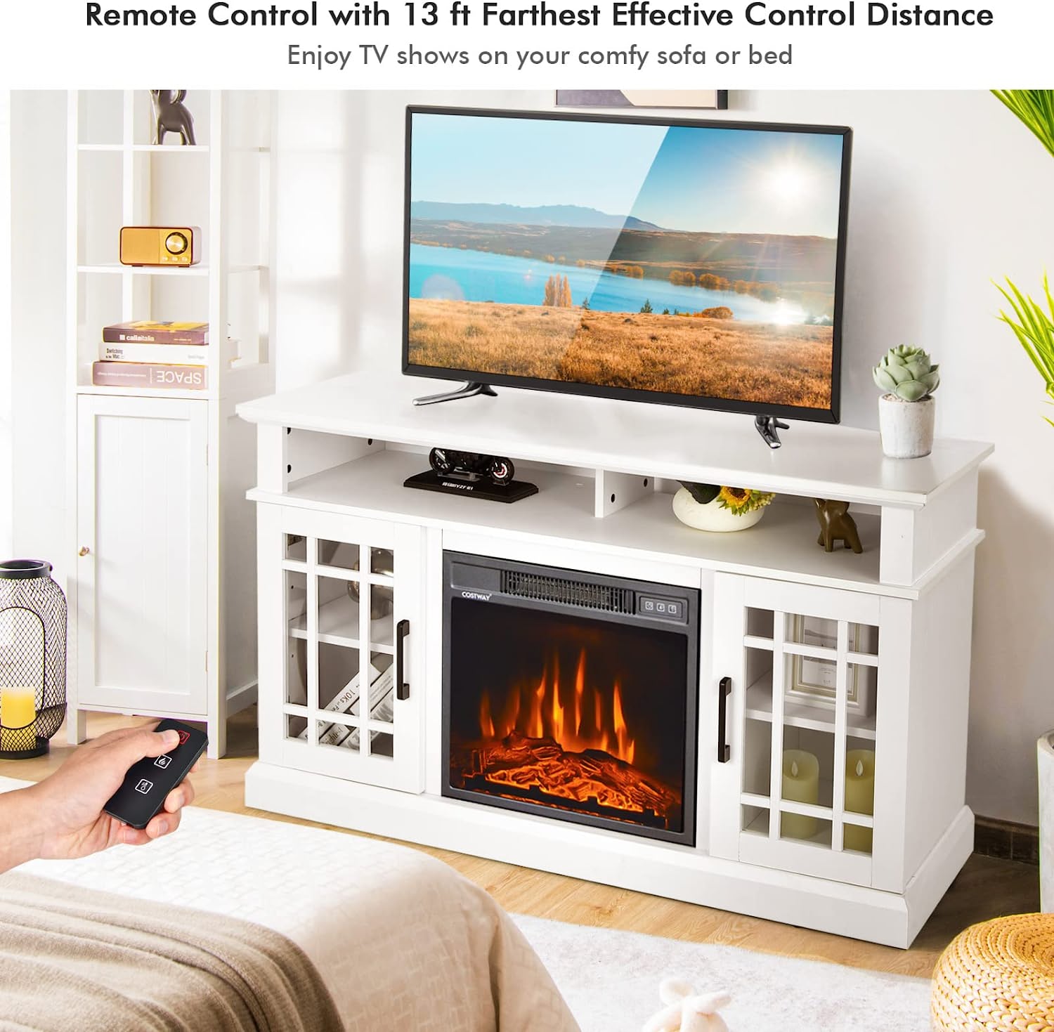 48 Inch Wooden TV Stand Console Table with 1400W Electric Fireplace and Open Storage