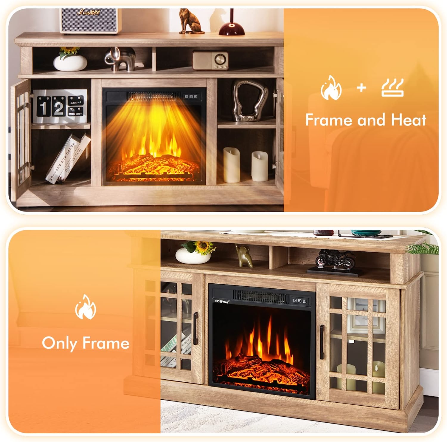 48 Inch Wooden TV Stand Console Table with 1400W Electric Fireplace and Open Storage