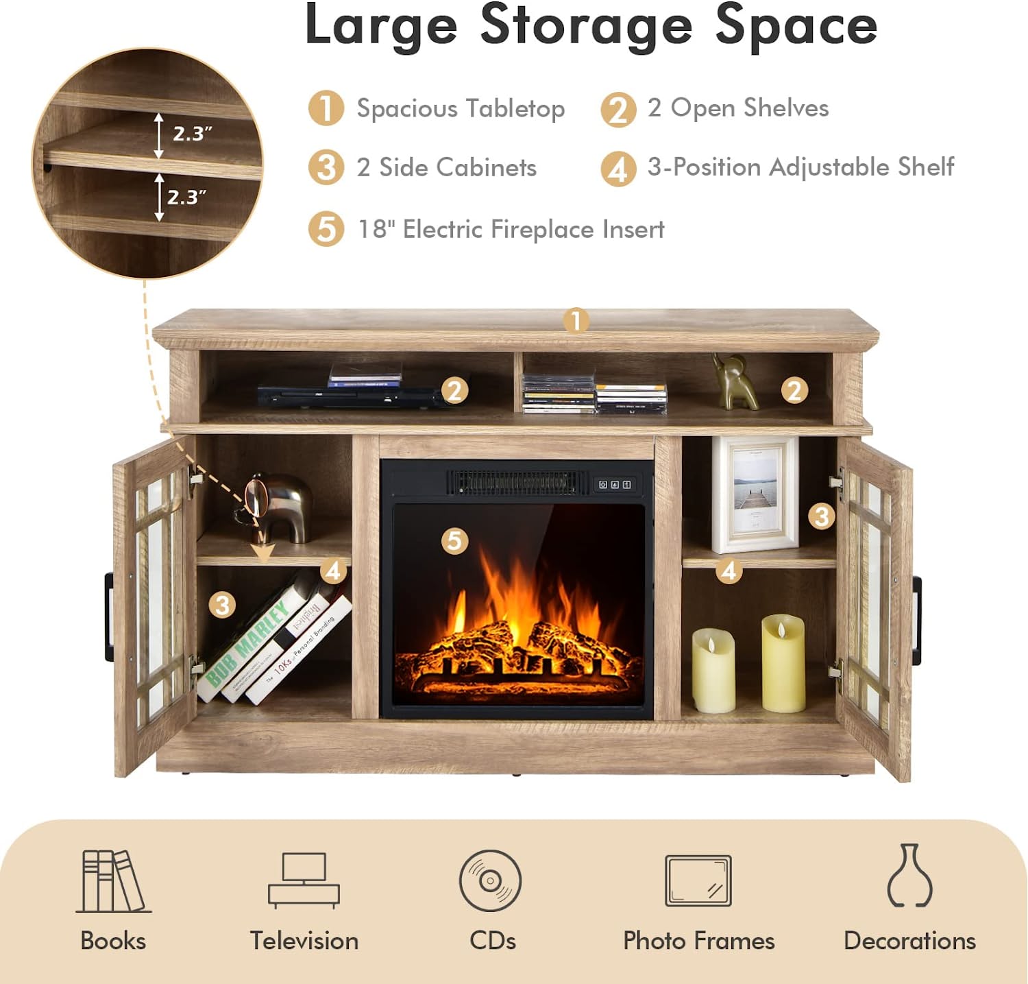 48 Inch Wooden TV Stand Console Table with 1400W Electric Fireplace and Open Storage