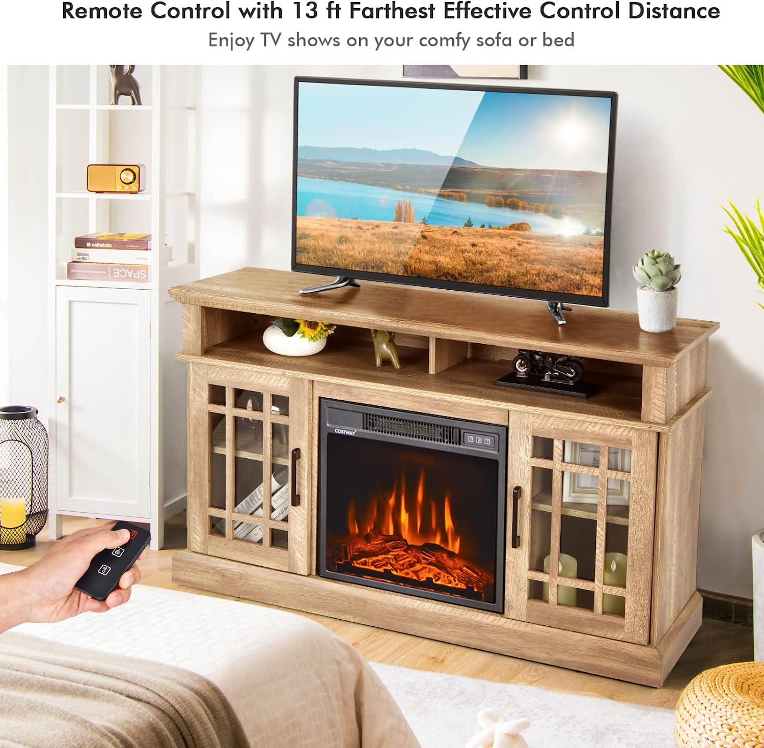 48 Inch Wooden TV Stand Console Table with 1400W Electric Fireplace and Open Storage