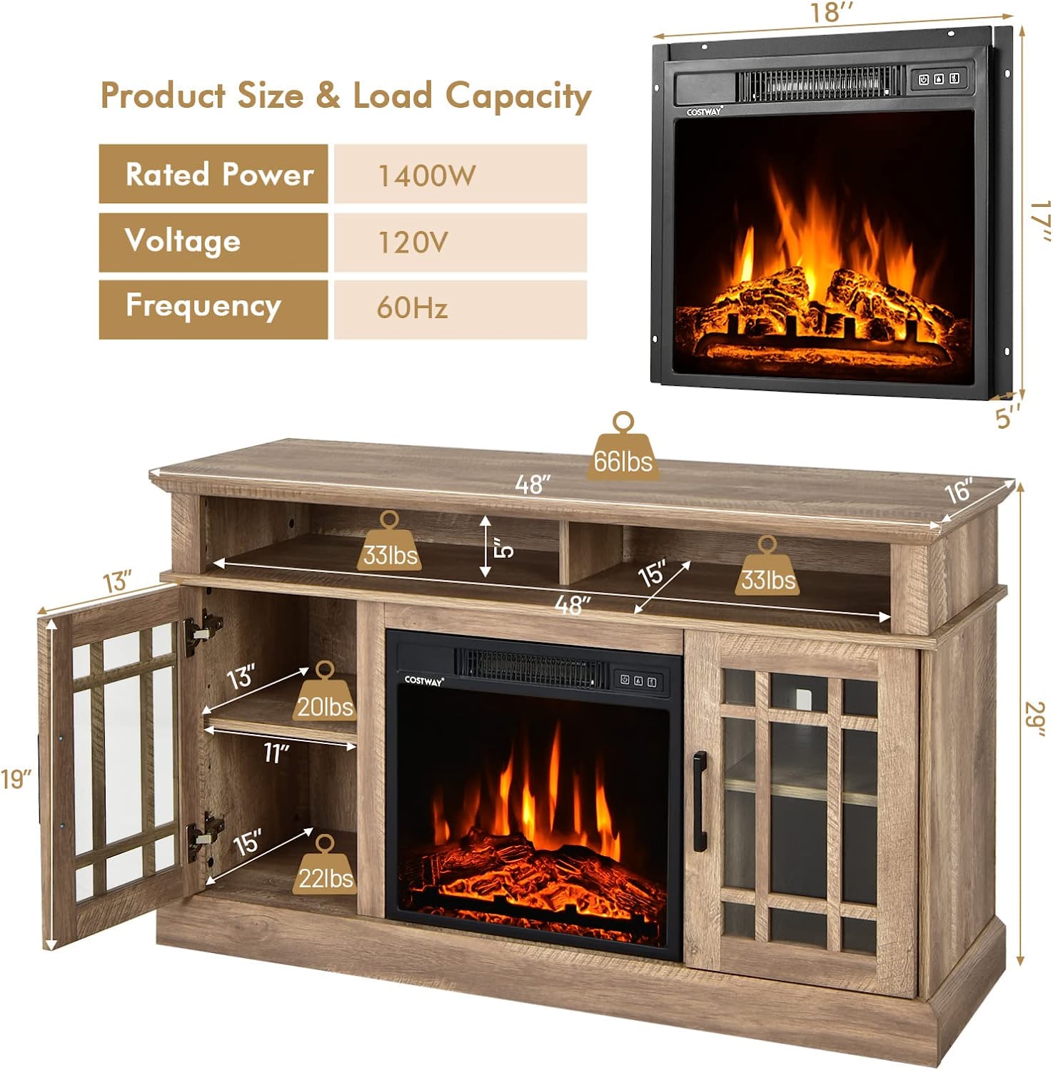 48 Inch Wooden TV Stand Console Table with 1400W Electric Fireplace and Open Storage