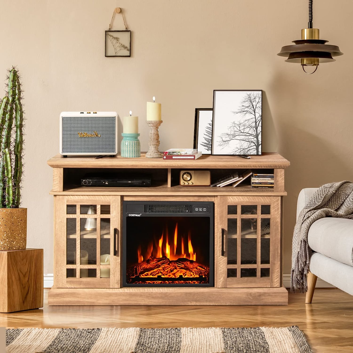 48 Inch Wooden TV Stand Console Table with 1400W Electric Fireplace and Open Storage
