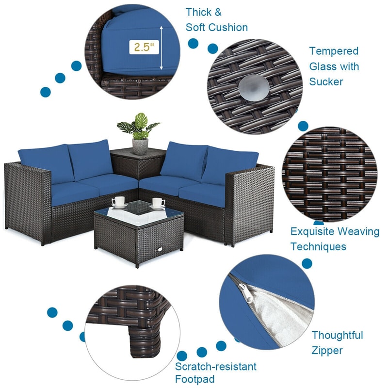 4 Pieces Outdoor Rattan Furniture Set Patio Wicker Conversation Sofa Set with Cushion and Table
