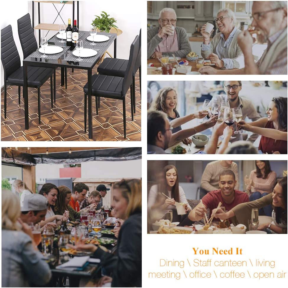 5-Piece Dining Table and Chair Set Kitchen Dining Room Table Set with Glass Tabletop and Metal Frame Chairs