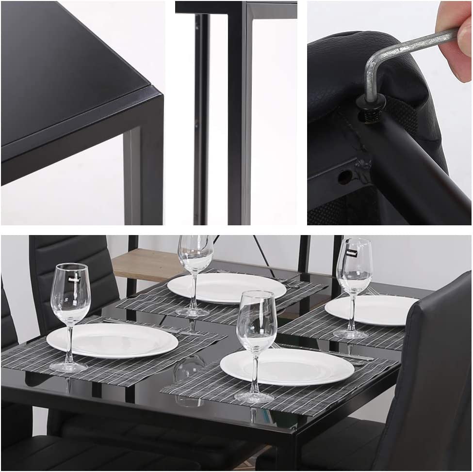 5-Piece Dining Table and Chair Set Kitchen Dining Room Table Set with Glass Tabletop and Metal Frame Chairs