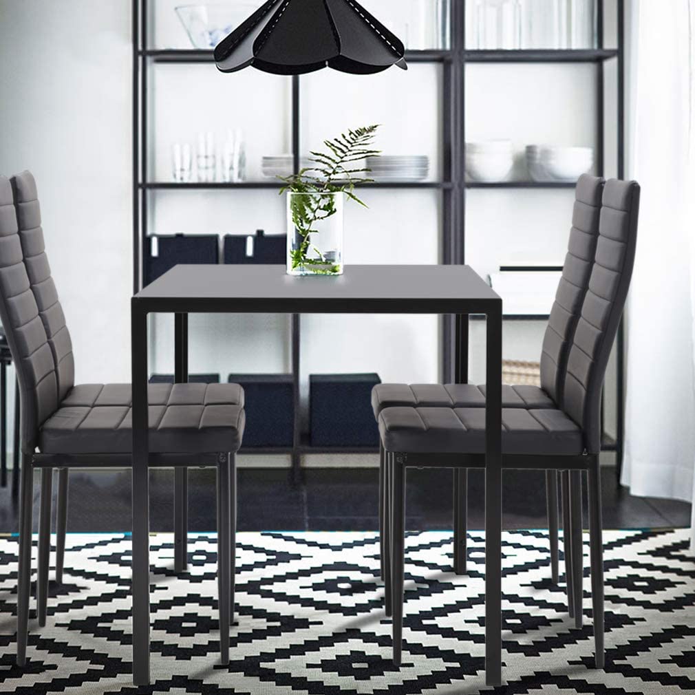 5-Piece Dining Table and Chair Set Kitchen Dining Room Table Set with Glass Tabletop and Metal Frame Chairs