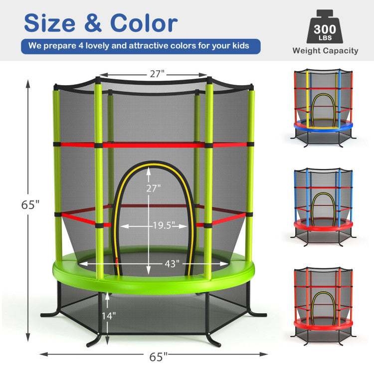 55 Inch Kids Recreational Trampoline Toddler Heavy Duty Frame Round Bouncing Jumping Mat with Enclosure Net Safety Pad