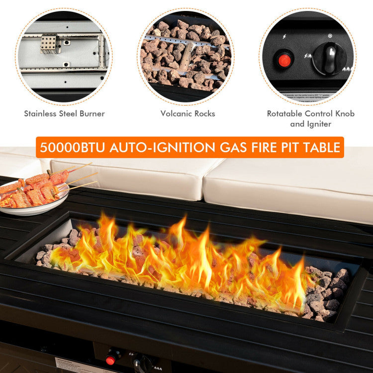 57 Inches Outdoor Propane Fire Pit Table 50000 BTU Rectangular Auto-Ignition Gas Fire Table with Lava Rocks Lid