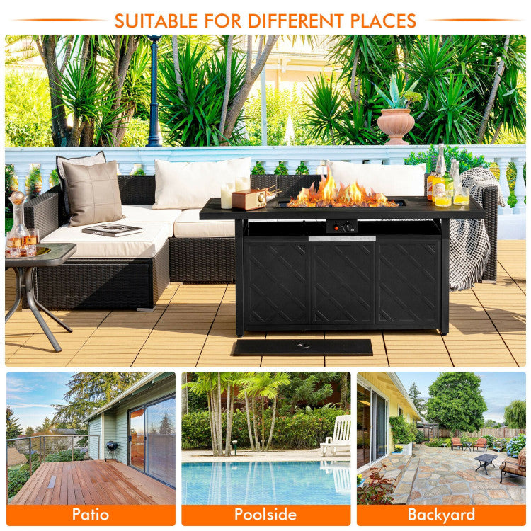 57 Inches Outdoor Propane Fire Pit Table 50000 BTU Rectangular Auto-Ignition Gas Fire Table with Lava Rocks Lid