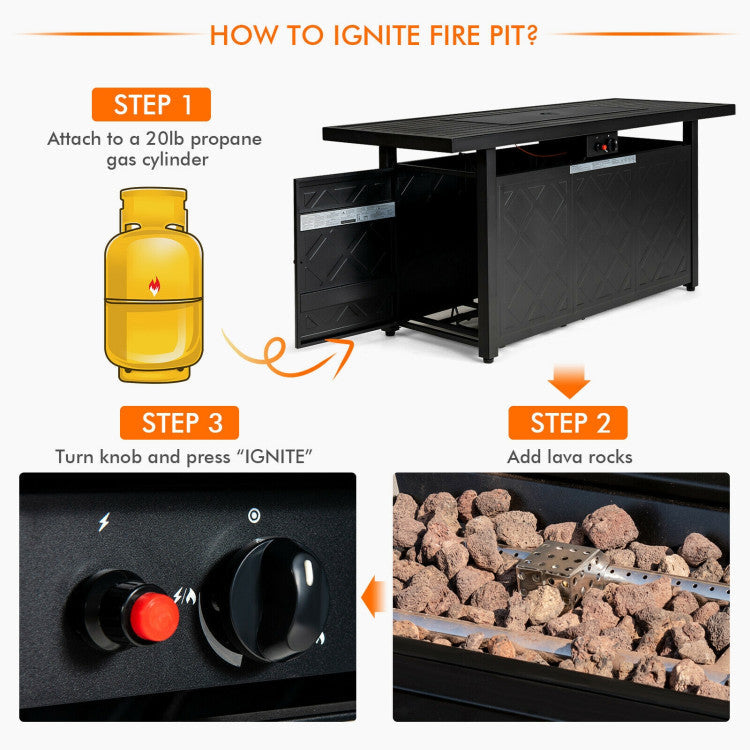 57 Inches Outdoor Propane Fire Pit Table 50000 BTU Rectangular Auto-Ignition Gas Fire Table with Lava Rocks Lid