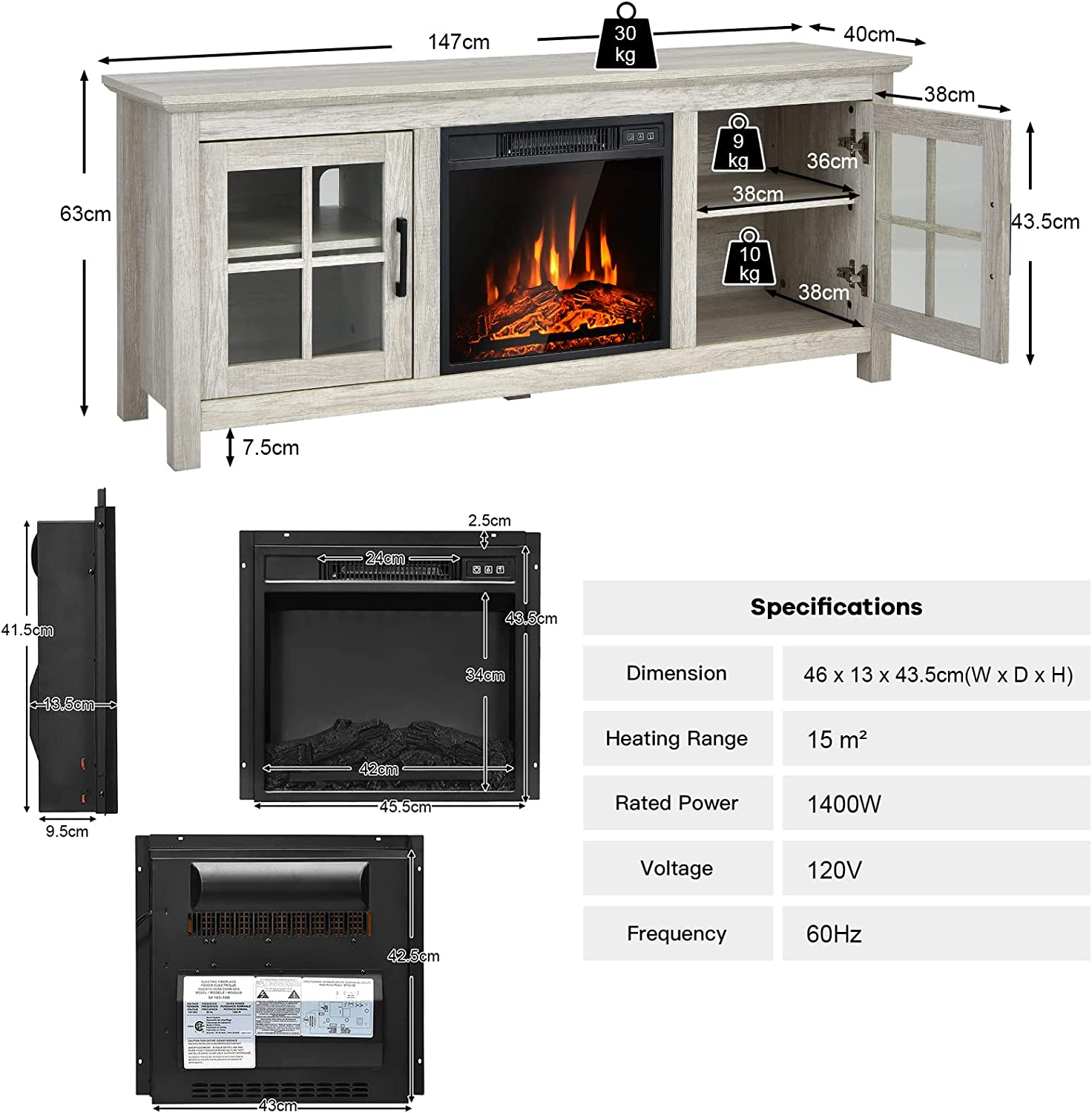 58 Inches Fireplace TV Stand Console Table with Remote Control and Adjustable Shelves for TVs up to 65 Inches