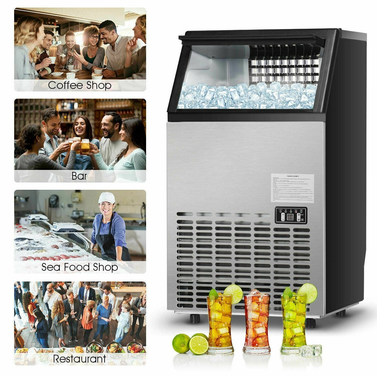 110LBS 24H Portable Built-In Stainless Steel Commercial Ice Maker Machine with Full Set of Accessories