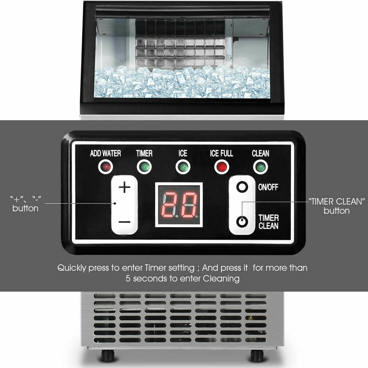 110LBS 24H Portable Built-In Stainless Steel Commercial Ice Maker Machine with Full Set of Accessories