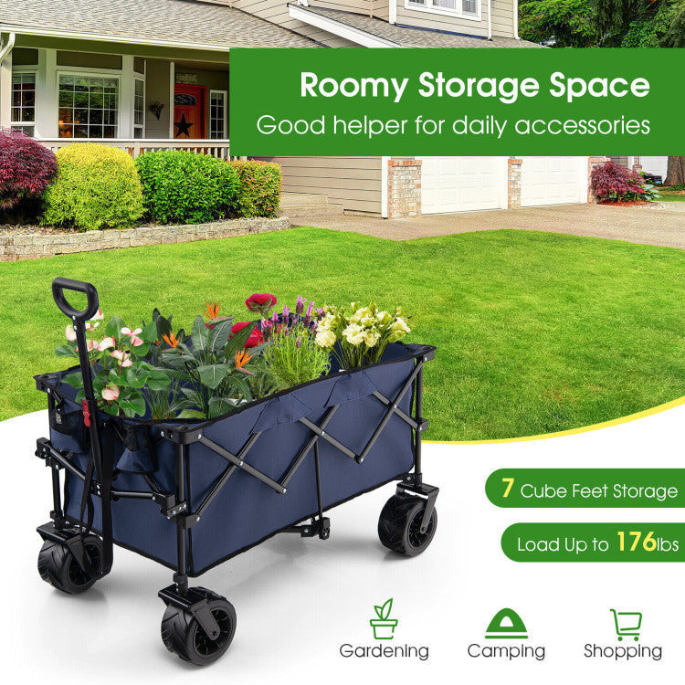 Collapsible Wagon Foldable Heavy Duty Steel Utility Garden Grocery Cart with Adjustable Handle and Wide Wheels