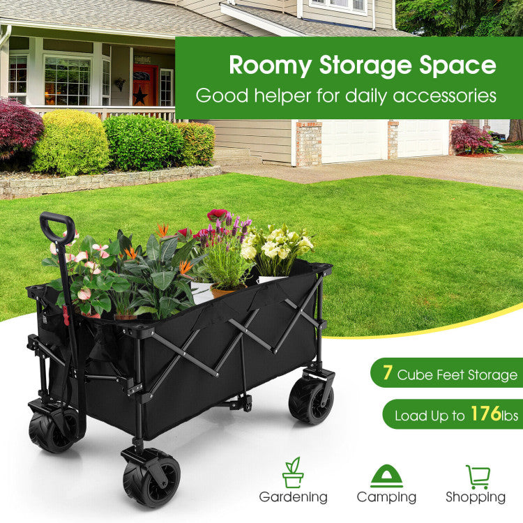Collapsible Wagon Foldable Heavy Duty Steel Utility Garden Grocery Cart with Adjustable Handle and Wide Wheels