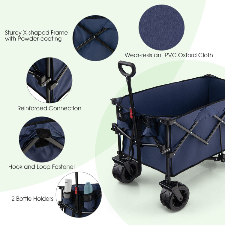 Collapsible Wagon Foldable Heavy Duty Steel Utility Garden Grocery Cart with Adjustable Handle and Wide Wheels