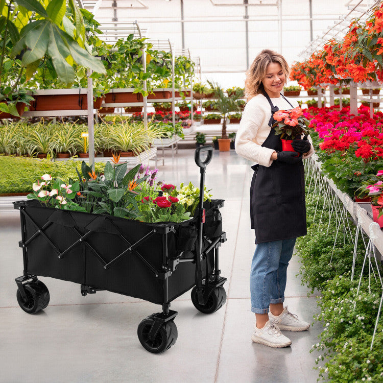 Collapsible Wagon Foldable Heavy Duty Steel Utility Garden Grocery Cart with Adjustable Handle and Wide Wheels