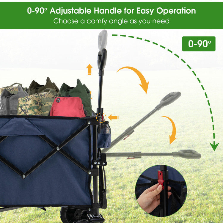 Collapsible Wagon Foldable Heavy Duty Steel Utility Garden Grocery Cart with Adjustable Handle and Wide Wheels