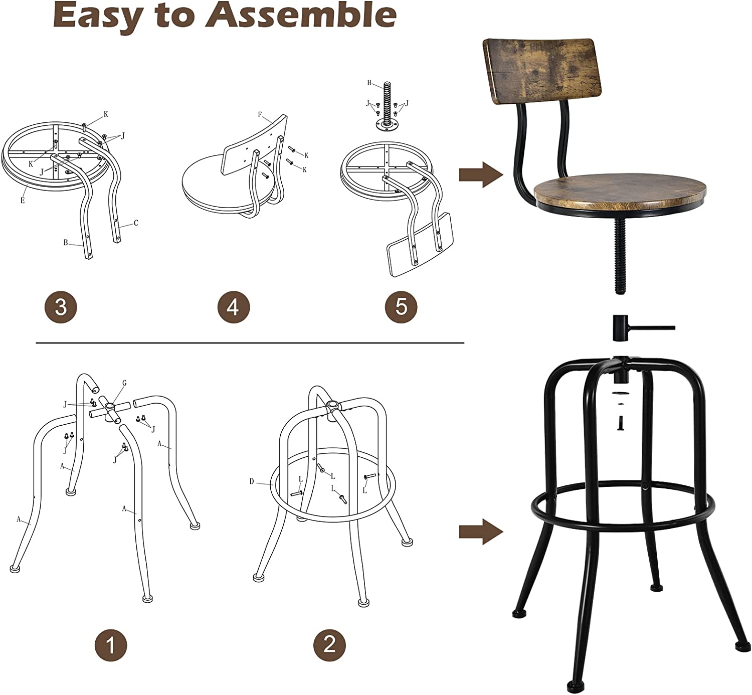 Industrial Height-Adjustable Swivel Bar Stools Vintage Counter Height Kitchen Dining Chair with Arc-Shaped Backrest and Footrest
