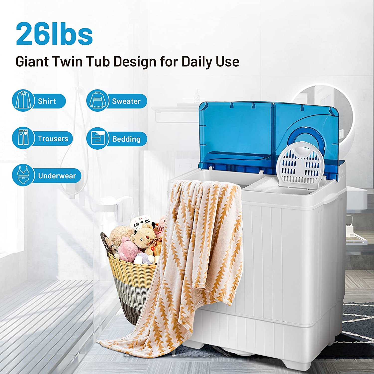 Portable Semi-automatic Twin Tub Washing Machine 26lbs Compact Laundry Washer with Spin Dryer and Built-in Drain Pump for Dorm RV