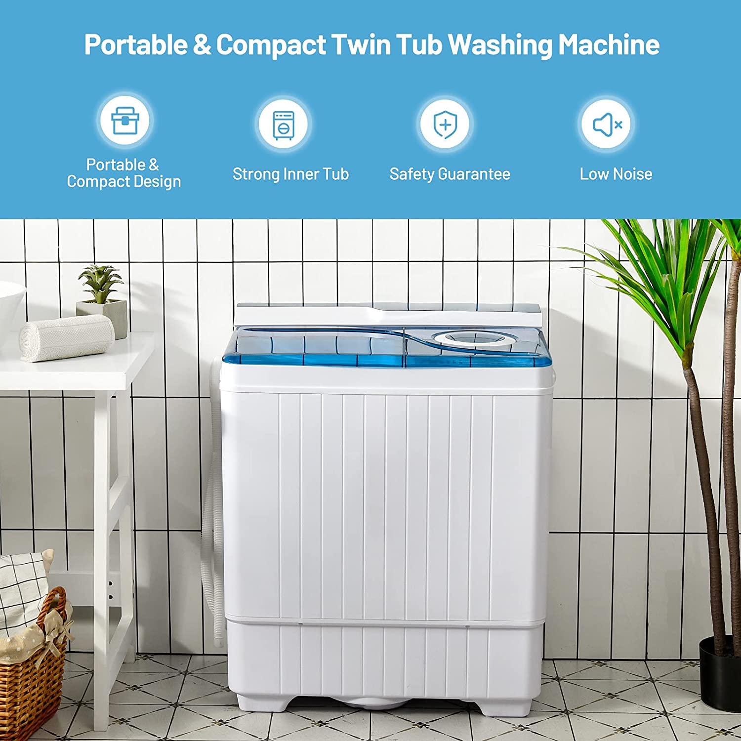 Portable Semi-automatic Twin Tub Washing Machine 26lbs Compact Laundry Washer with Spin Dryer and Built-in Drain Pump for Dorm RV