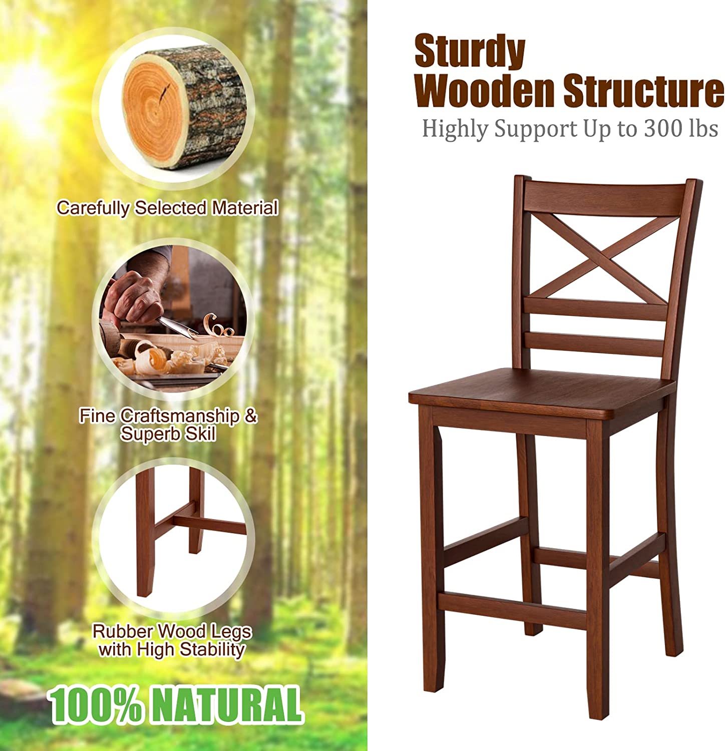 Set of 2 Bar Stools 24 Inch Antique Kitchen Counter Height Chairs with Wooden X-Shaped Backrest and Rubber Wood Legs