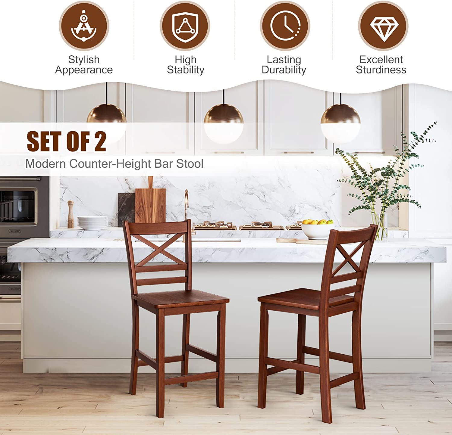 Set of 2 Bar Stools 24 Inch Antique Kitchen Counter Height Chairs with Wooden X-Shaped Backrest and Rubber Wood Legs