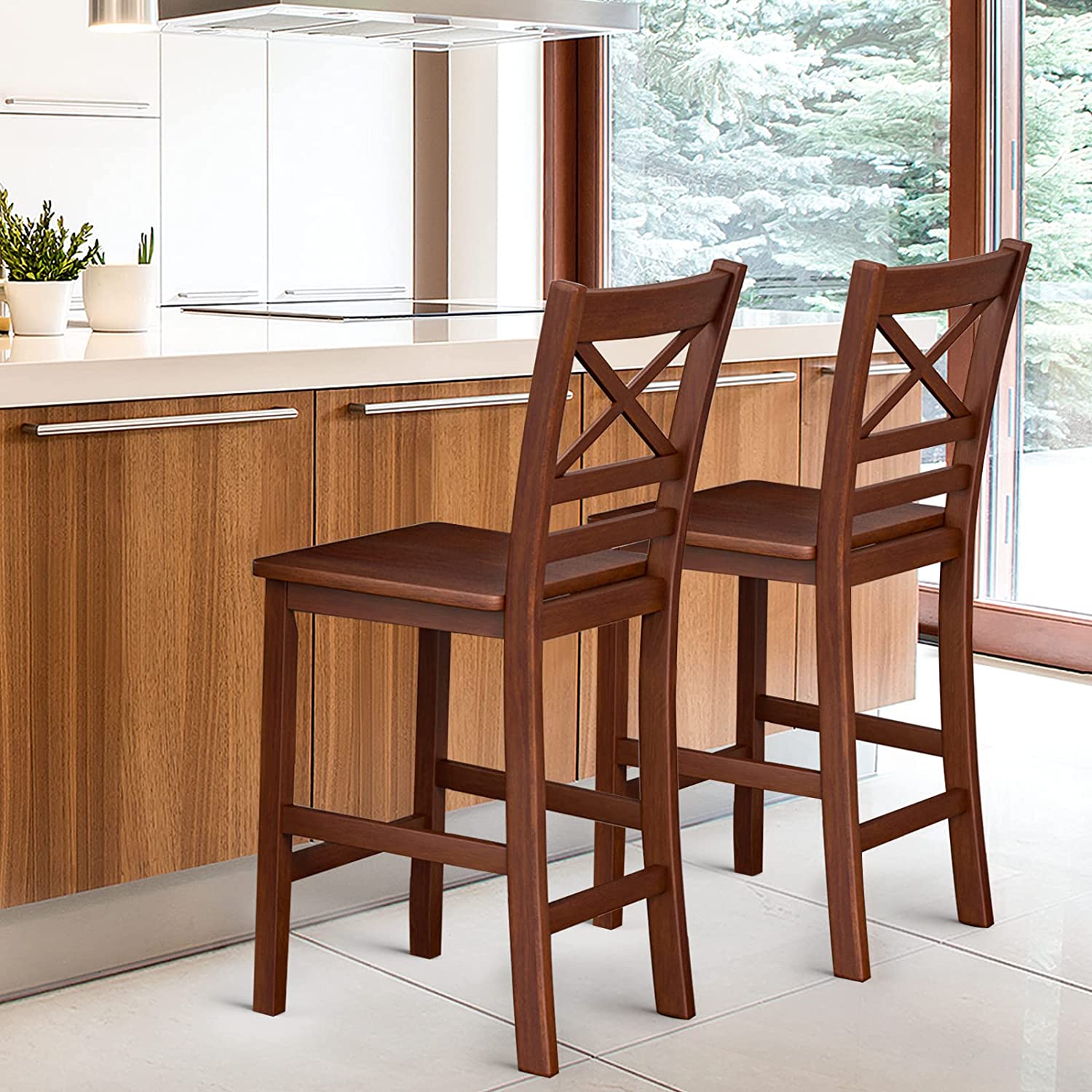 Set of 2 Bar Stools 24 Inch Antique Kitchen Counter Height Chairs with Wooden X-Shaped Backrest and Rubber Wood Legs
