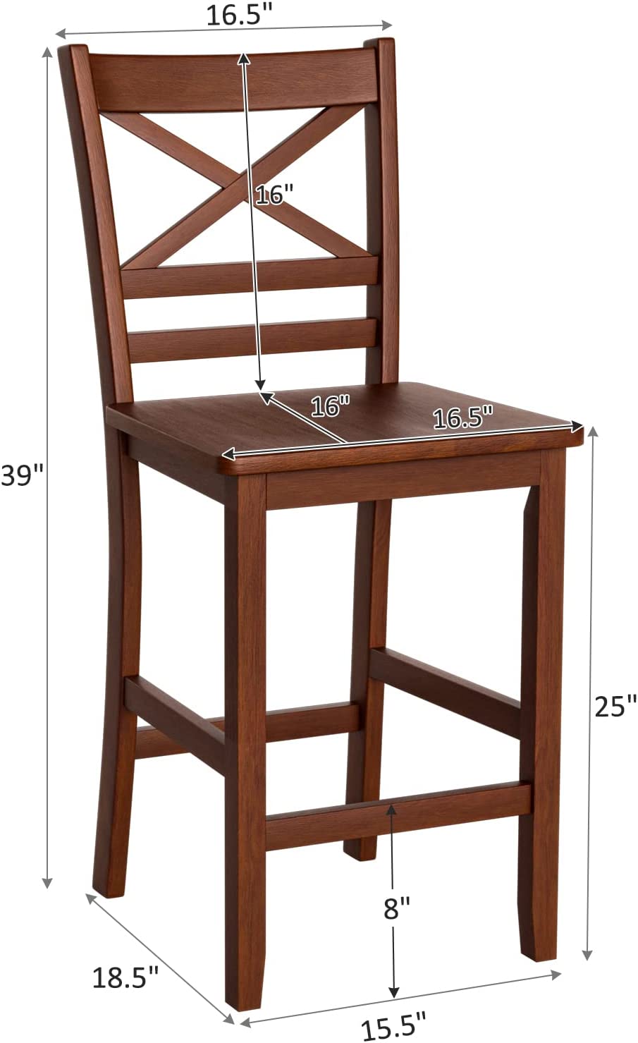 Set of 2 Bar Stools 24 Inch Antique Kitchen Counter Height Chairs with Wooden X-Shaped Backrest and Rubber Wood Legs