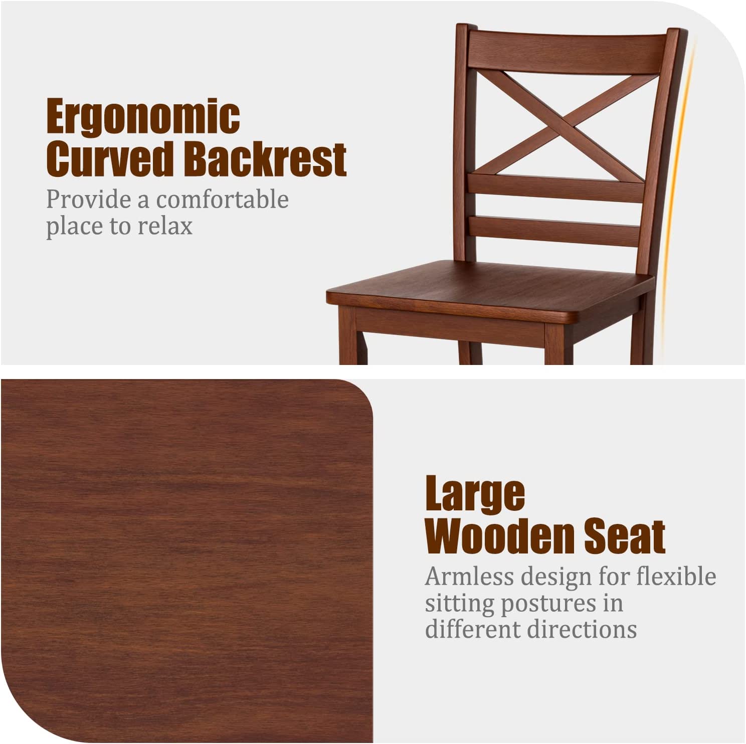 Set of 2 Bar Stools 24 Inch Antique Kitchen Counter Height Chairs with Wooden X-Shaped Backrest and Rubber Wood Legs