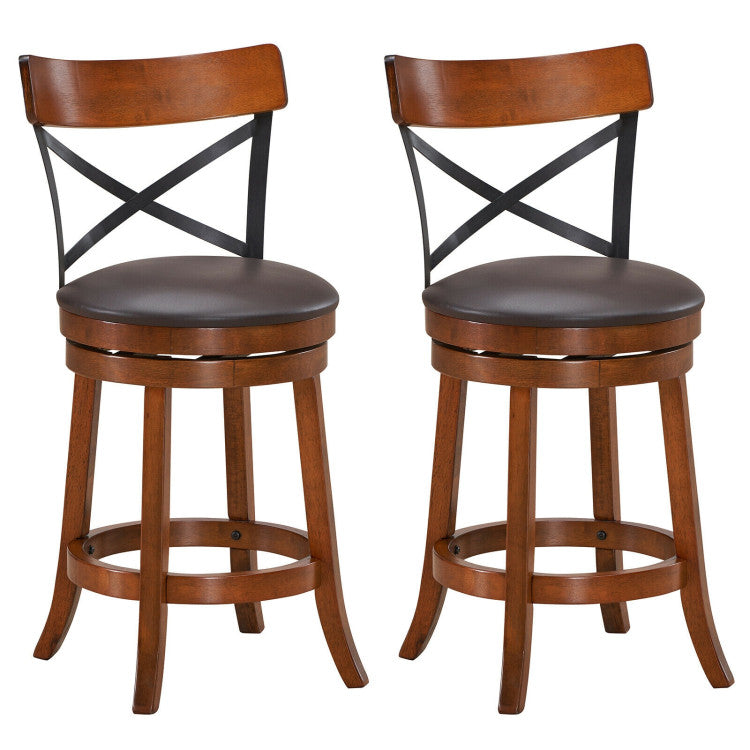 Set of 2 Bar Stools 360-Degree Swivel Solid Wood Dining Chairs with Soft Cushion and Ergonomic Backrest