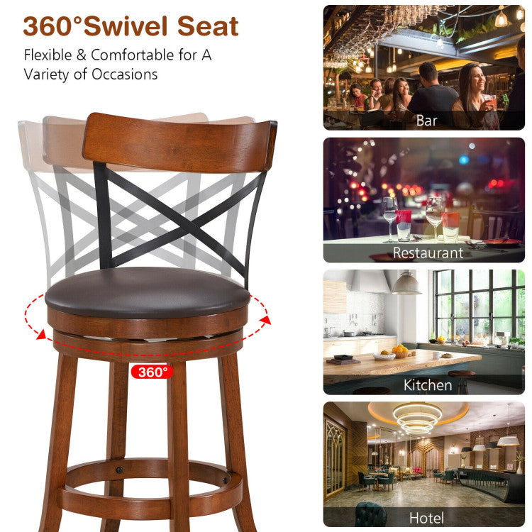 Set of 2 Bar Stools 360-Degree Swivel Solid Wood Dining Chairs with Soft Cushion and Ergonomic Backrest