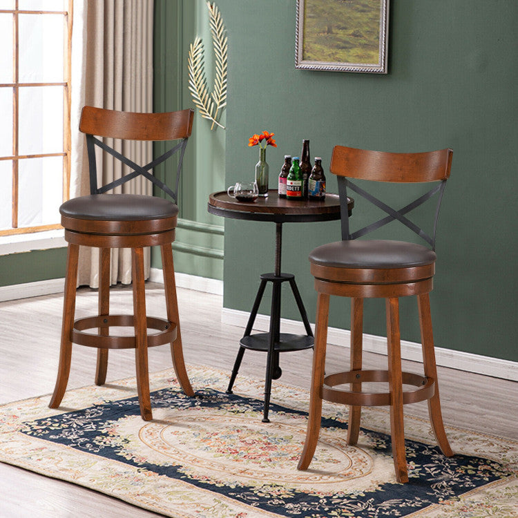 Set of 2 Bar Stools 360-Degree Swivel Solid Wood Dining Chairs with Soft Cushion and Ergonomic Backrest