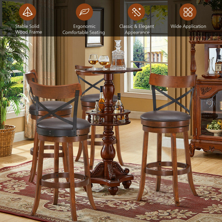 Set of 2 Bar Stools 360-Degree Swivel Solid Wood Dining Chairs with Soft Cushion and Ergonomic Backrest