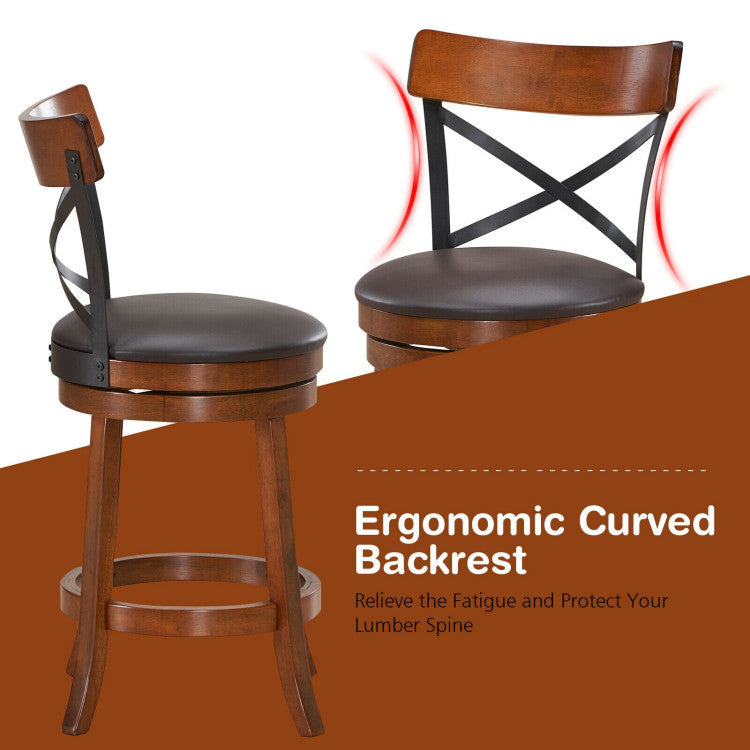 Set of 2 Bar Stools 360-Degree Swivel Solid Wood Dining Chairs with Soft Cushion and Ergonomic Backrest