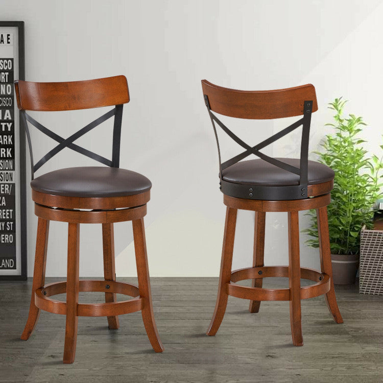 Set of 2 Bar Stools 360-Degree Swivel Solid Wood Dining Chairs with Soft Cushion and Ergonomic Backrest