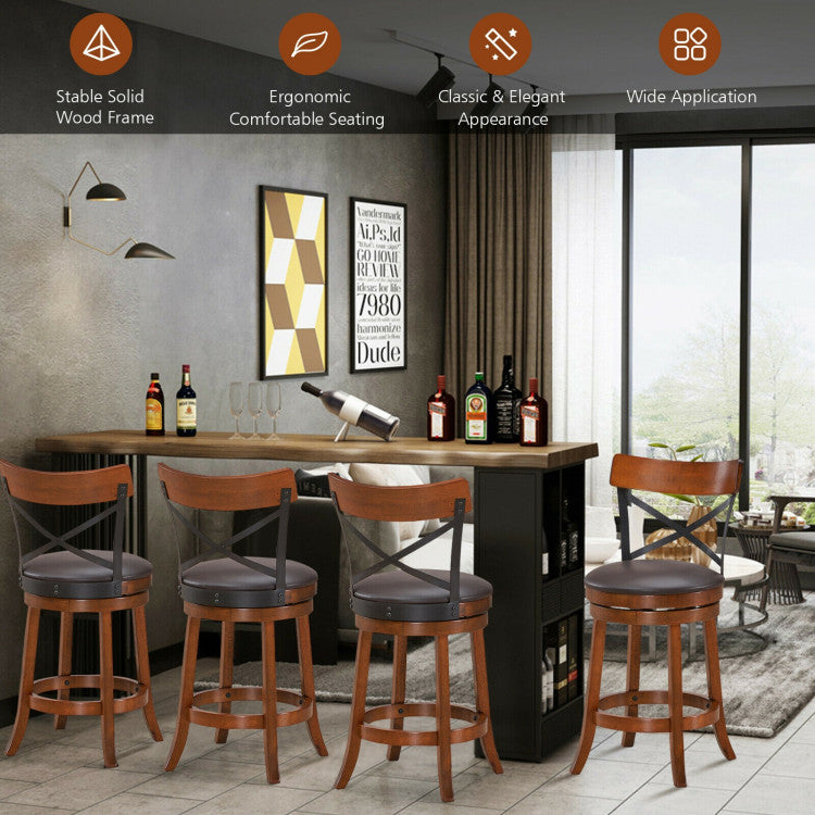 Set of 2 Bar Stools 360-Degree Swivel Solid Wood Dining Chairs with Soft Cushion and Ergonomic Backrest