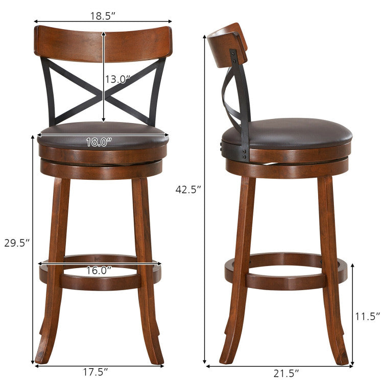 Set of 2 Bar Stools 360-Degree Swivel Solid Wood Dining Chairs with Soft Cushion and Ergonomic Backrest