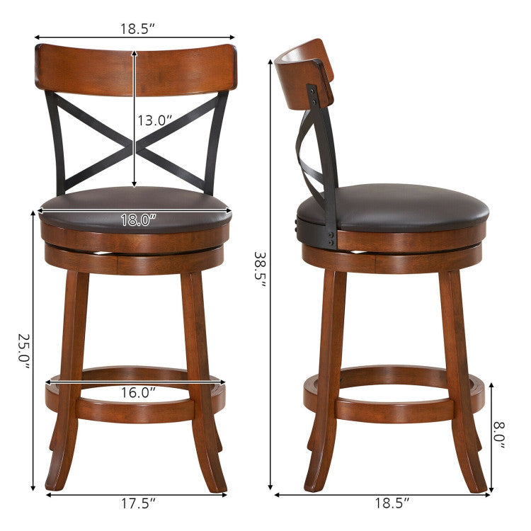 Set of 2 Bar Stools 360-Degree Swivel Solid Wood Dining Chairs with Soft Cushion and Ergonomic Backrest