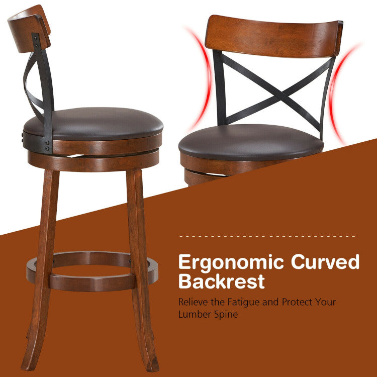 Set of 2 Bar Stools 360-Degree Swivel Solid Wood Dining Chairs with Soft Cushion and Ergonomic Backrest