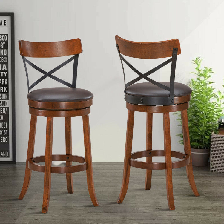Set of 2 Bar Stools 360-Degree Swivel Solid Wood Dining Chairs with Soft Cushion and Ergonomic Backrest