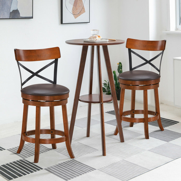 Set of 2 Bar Stools 360-Degree Swivel Solid Wood Dining Chairs with Soft Cushion and Ergonomic Backrest