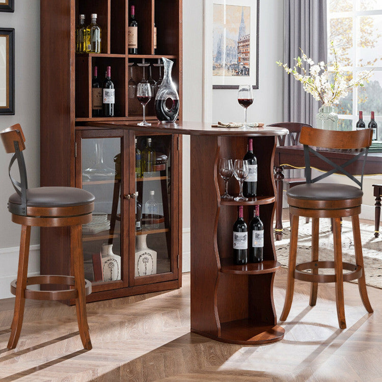 Set of 2 Bar Stools 360-Degree Swivel Solid Wood Dining Chairs with Soft Cushion and Ergonomic Backrest