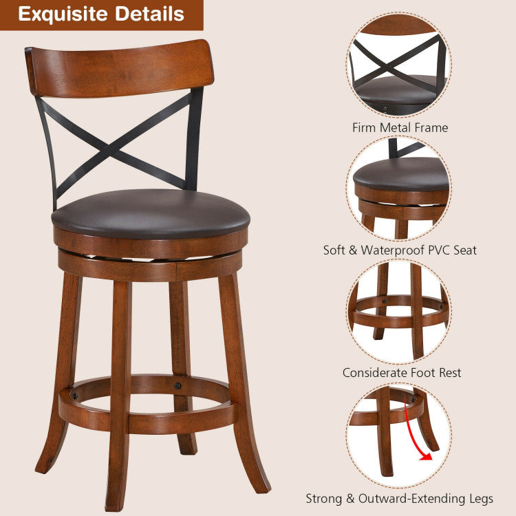 Set of 2 Bar Stools 360-Degree Swivel Solid Wood Dining Chairs with Soft Cushion and Ergonomic Backrest