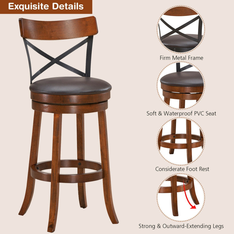 Set of 2 Bar Stools 360-Degree Swivel Solid Wood Dining Chairs with Soft Cushion and Ergonomic Backrest