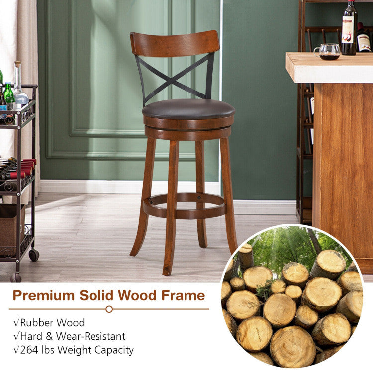 Set of 2 Bar Stools 360-Degree Swivel Solid Wood Dining Chairs with Soft Cushion and Ergonomic Backrest