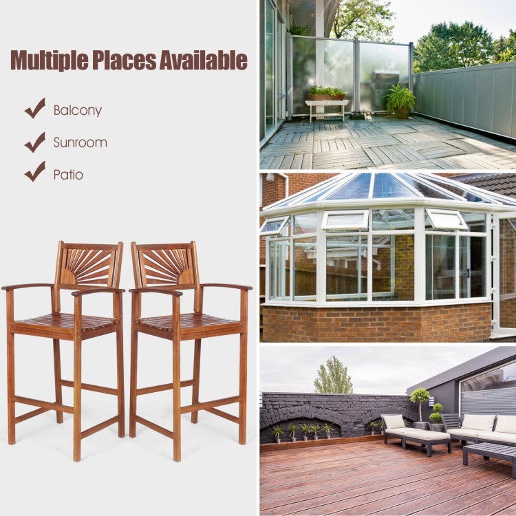 Set of 2 Patio Bar Stools Outdoor Acacia Wood Bar Chairs with Sunflower Backrest and Curved Armrests for Balcony Sunroom