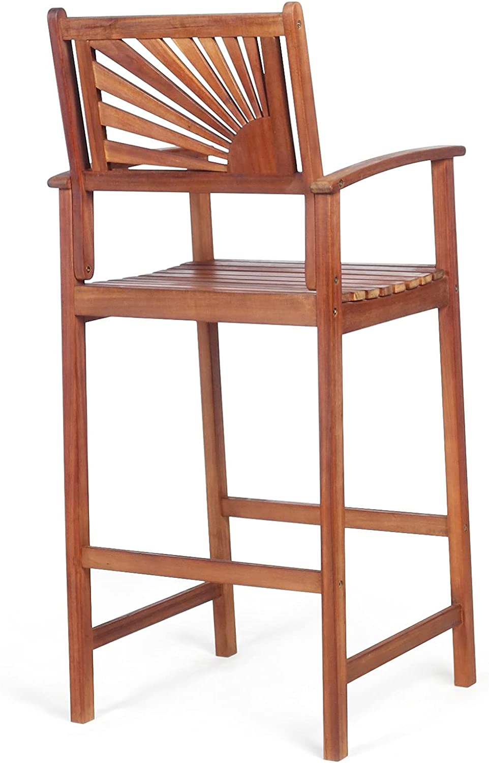 Set of 2 Patio Bar Stools Outdoor Acacia Wood Bar Chairs with Sunflower Backrest and Curved Armrests for Balcony Sunroom